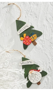 Detail of wooden Christmas tree hanging ornament with hand-painted Santa and gift box