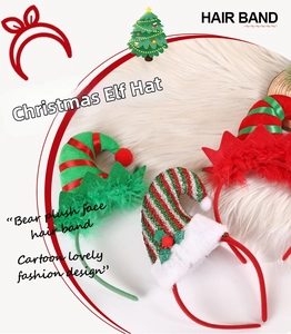 Close-up of festive Christmas elf hat headband with sequins, plush fabric and feathers