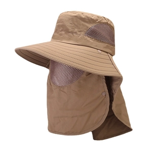 Khaki outdoor sun protection hat with breathable mesh and detachable face cover