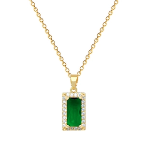 Elegant gold titanium steel necklace with a rectangular green stone and crystal halo