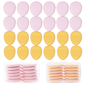 Macro detail of teardrop mini finger powder puffs in pink and yellow storage box