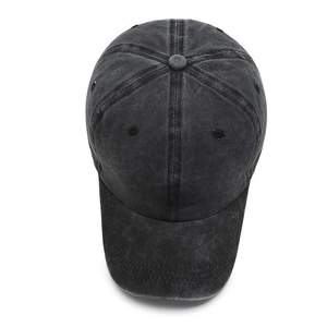 Classic washed black denim baseball cap with vintage distressed finish and wide brim