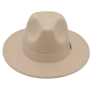 Top view of beige wool felt fedora hat featuring a matching grosgrain ribbon band