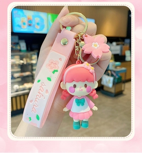 Detail of pink Sakura girl keychain with silicone wrist strap and floral charms
