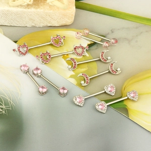 Pink heart and crystal stainless steel nipple ring set with silver metal finish