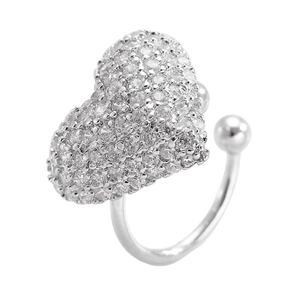 Macro shot of silver heart-shaped open ring featuring micro-pave white zircon stones