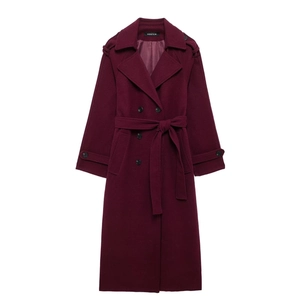 Elegant wine red double-breasted wool trench coat with waist belt and lapel collar