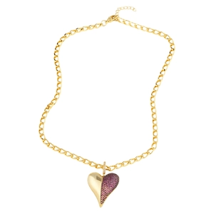 Collier avec pendentif cœur plaqué or 18k, pierres violettes et cristaux sur chaîne plate