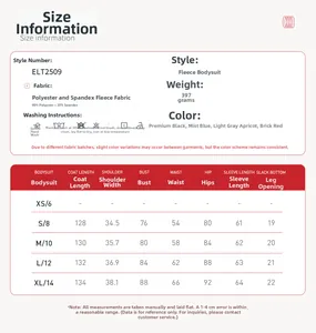 Detailed size chart for thermal fleece bodysuit showing measurements from XS to XL sizes