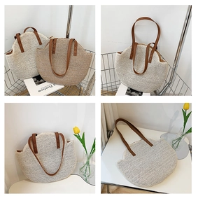 Detail showing the straw woven texture and brown leather handles with X-shaped stitching
