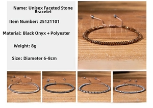 Detailed view of faceted hematite stone bracelets showing various metallic finishes and sizes