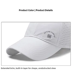 Close-up of white breathable baseball cap showing laser-cut side vents and branding