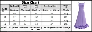 Size chart for floral A-line evening dress showing bust, waist and length details