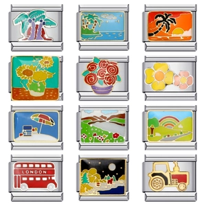 Italian modular charm links in stainless steel with colorful enamel floral and landscape designs