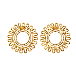Detailed close-up of golden sunflower earrings featuring intricate beaded metalwork texture