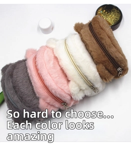Flat lay of soft plush bear coin purses in grey, pink, cream, and brown with cute round ears