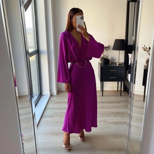 Elegant Satin Maxi Dress Deep V Neck Long Bell Sleeve High Waist Vintage Evening Party Gown For Women