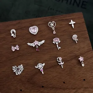 Pink Zirconia Copper Stud Earrings Cool Spicy Girl Style Star Heart Bow Magic Wand Earrings Single Piercing Jewelry For Women
