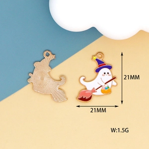 Ghost with broom Halloween charm in colorful enamel and gold finish, 21x21mm