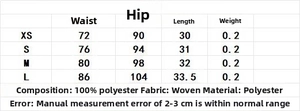 Size guide table for women's polyester skort showing waist, hip, length, and weight data