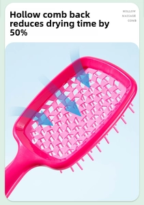 Close-up of the hollow massage comb backplate with round-tipped teeth on blue background