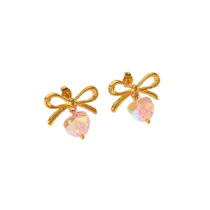 Elegant 18k gold plated stainless steel bow earrings with pink heart crystal pendants