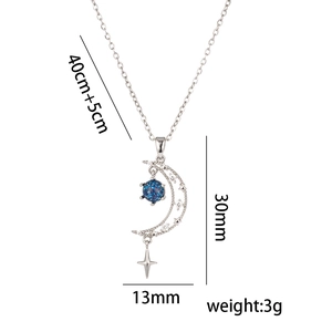 Silver star and moon necklace with blue zircon and size dimension details