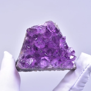 Natural Uruguay deep purple amethyst cluster specimen held in gloved hands on light background
