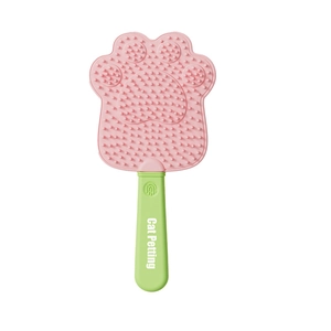 Pink cat paw pet massage brush and grooming comb for cats and dogs with green handle