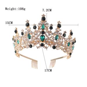 Golden crown detail with green gems, showing size 15cm diameter and 108g weight specs