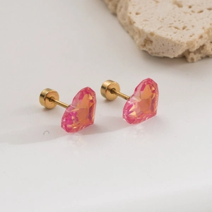 Boucles d'oreilles cœur en zircon dégradé rose et acier inoxydable doré vissé