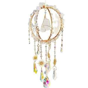 Handmade gold suncatcher with raw white crystal prisms and boho rainbow hanging decor