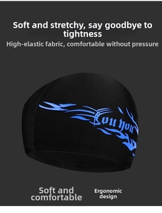 Detail of high-elastic black swim cap with blue flame pattern and artistic text