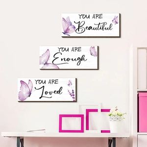 Three-piece butterfly wooden wall art set with inspirational quotes in farmhouse style