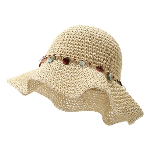 Summer hollow crochet straw hat with bohemian shells and wooden beads for beach sun protection