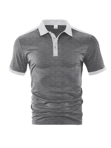 Detailed view of dark grey polo shirt collar and inner size label made of polyester