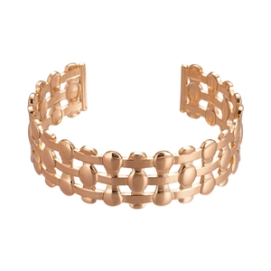 Three-layer hollow geometric open cuff bracelet with polished gold finish metal texture