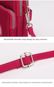 Detail of rose red phone bag showing detachable metal hooks and adjustable woven strap