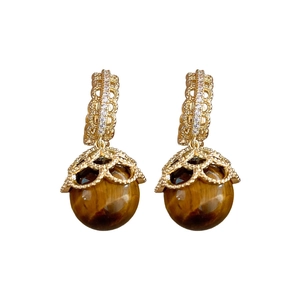 Vintage gold plated earrings with tiger eye stones and zircon floral lace setting