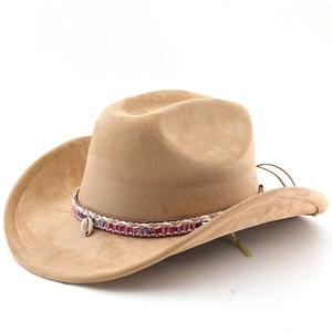 Detail of camel felt cowboy hat featuring colorful ethnic woven band and shell charm