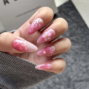 3D butterfly and floral press-on nails with pink gradient almond shape and pearls
