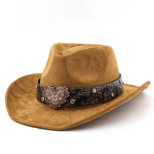 Brown suede jazz hat with a black leather band and vintage heart-shaped metal buckle