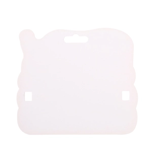 Detailed view of white paper card display backboard for Christmas eyewear frames