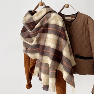 Close-up of quilted brown jacket paired with a fringed plaid scarf in autumn style