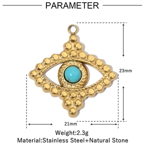 Detail view of 23mm gold stainless steel evil eye pendant with blue natural stone