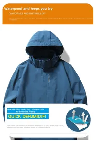 Waterproof navy blue windbreaker jacket with sports tape detail and breathable fabric