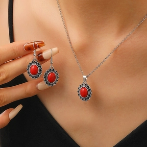 Parure bijoux bohème vintage avec collier goutte rouge et boucles d'oreilles
