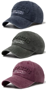 Detailed view of three vintage washed cotton baseball caps with Cyprus Island embroidery