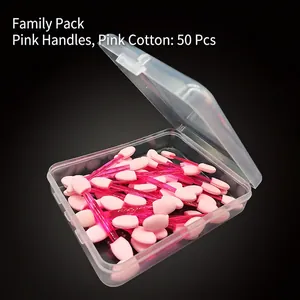 Detailed view of 50pcs pink double-ended disposable eyeshadow sponge brushes in a clear case