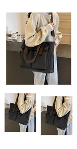 Three views of a large black canvas tote bag worn by a model in a natural indoor setting